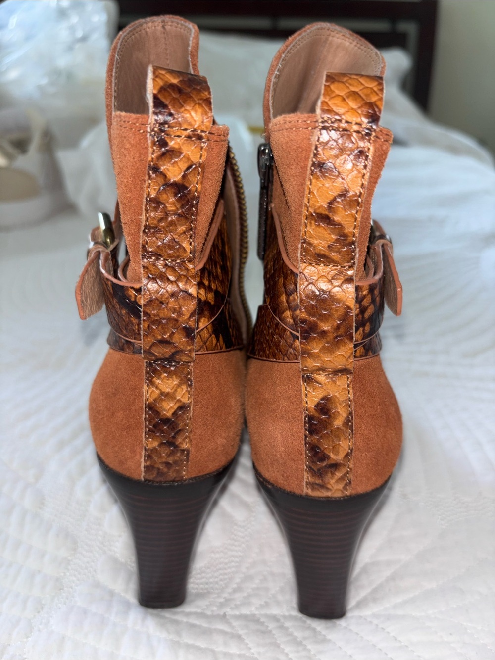 Donald J. Pliner Suede Ankle Boots in Rust with Snake-Print Strap - Picture 7 of 9